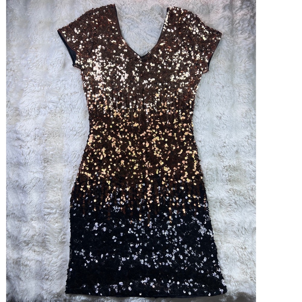 Maner Sequin Ombre Bodycon Mini Dress Copper Black V-Neck Short Sleeve Sz M. A28